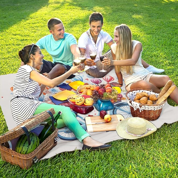 Waterproof Sandproof Beach Blanket 59''×68'' Pedal Car Polyester Outdoor Picnic Blanket with 4 Stakes &amp Storage Bag for BeachCampingVacation Hot-air Balloon