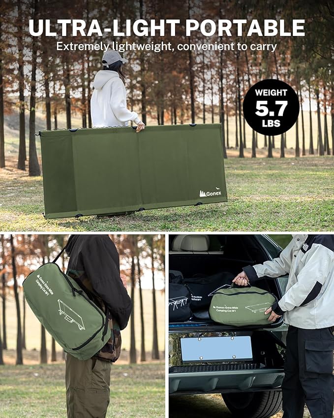 Gonex 31.5 Extra Wide Camping Cot with Premium Pillow Pocket Supports 350lbs Portable Ultralight Folding Cot Bed for Adults Travel Beach Home Sleeping (Army Green)