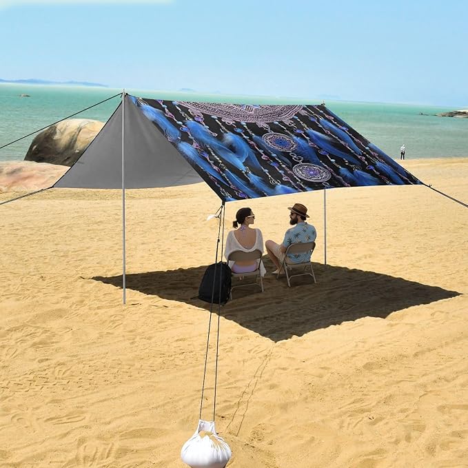ALAZA Dolphin Dreamcatcher Beach Tent Sun Shelter UPF50+ Protection Beach Shade Canopy w/ 4 Sandbags for Outdoor Camping Fishing Backyard Fun Picnic 10x9 ft