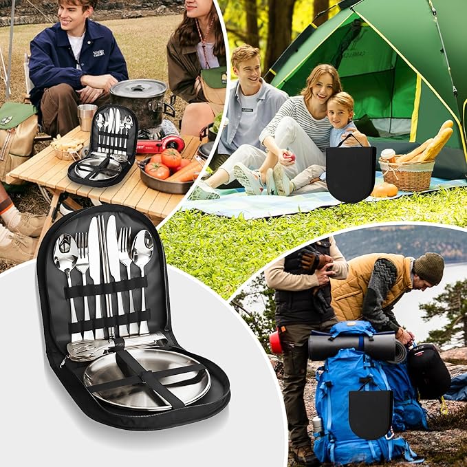 Camping Cutlery Set 12-Piece Stainless Steel with Plates and Case Portable Outdoor Dining Kit Silver
