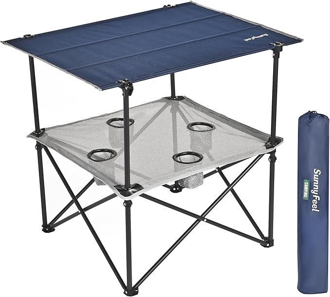 SUNNYFEEL Folding Camping Table- Collapsible Portable Beach Table with 4 Cup Holders &amp Carry Bags Tailgate Table for Outdoor Excursion Picnic Hiking Fishing Travel Parties Blue