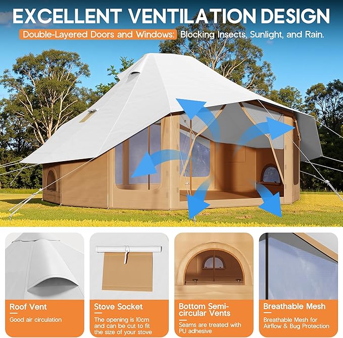 SPECRAFT Canvas Bell Yurt Tents &amp Inflatable Tent for Camping Waterproof Glamping Tent with Stove Jack Breathable Mesh Snowproofing Spacious 4-Season Family Shelter for Outdoor Camping Partie