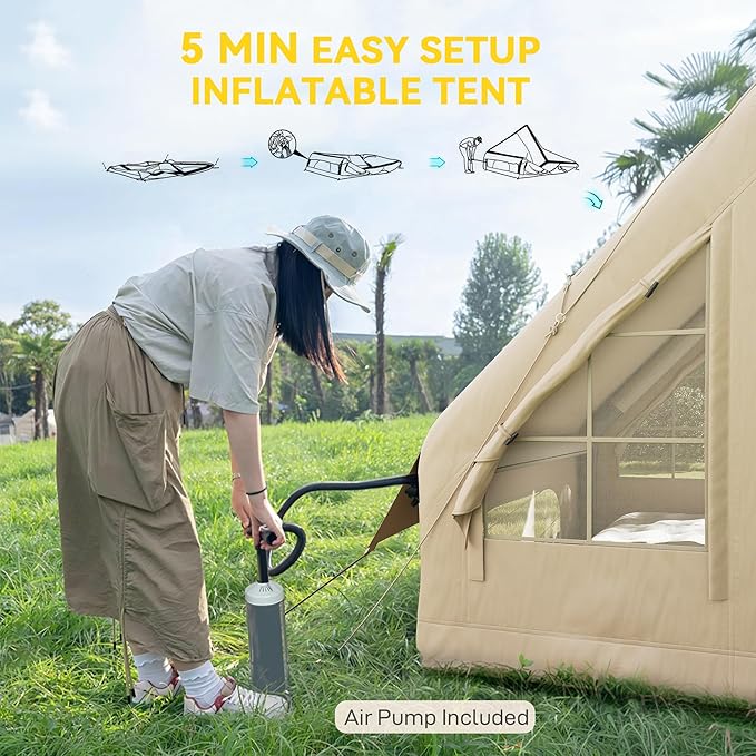 Outsunny Inflatable Tents for Camping Easy Setup Blow Up Tent 420D Oxford Windproof Waterproof 4 Season Glamping Tent with Pump and Carry Bag for 4-6 Person
