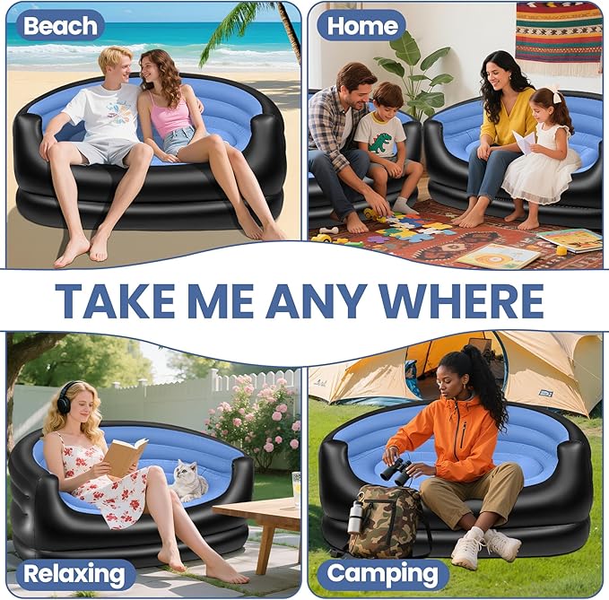 LanSuper Twin Size Inflatable Couch Blow up couch with PumpFlocked Surface Inflatable Chair for Adults Portable Air Sofa Inflatable Couch Waterproof Air CouchComfortable Blow up Couch for Camping