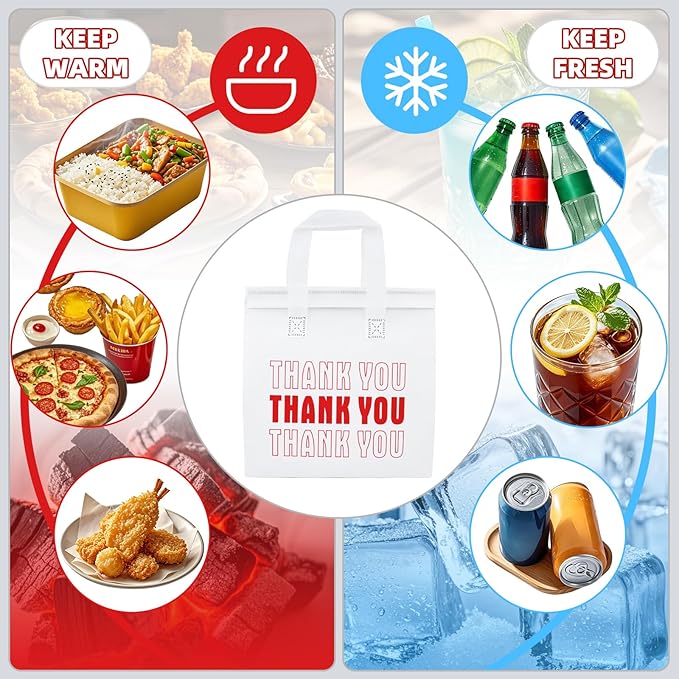 110 Pcs Insulated Take out Bags Bulk Thermal Insulation Take Away Bags 9.4 x 9. 4 x 5.9 Inch for Grocery Lunch Coffee Milk Tea Hot Cold Food Seafood Coffee Pizza Delivery Bags (White)