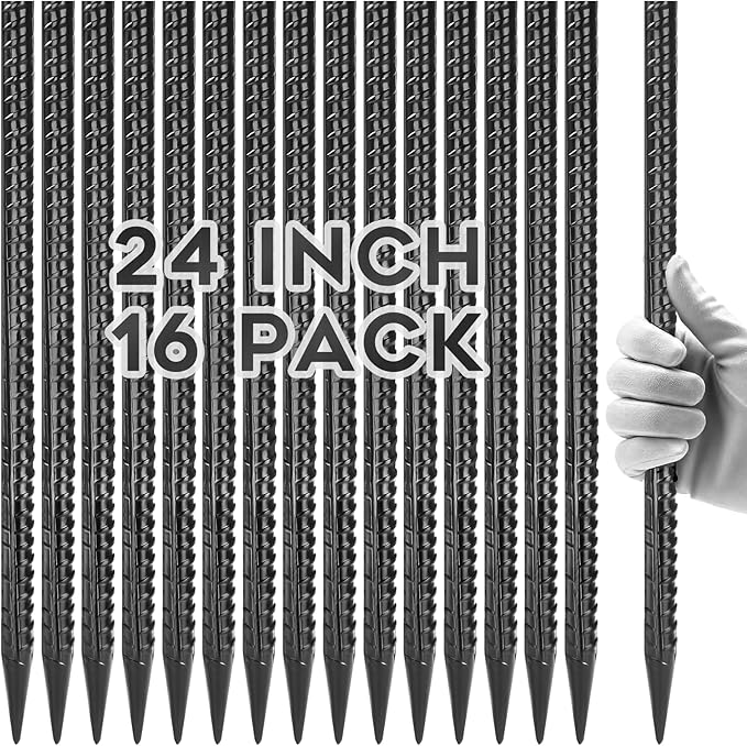 24 Inches Rebar Stakes(16pcs) Heavy Duty Straight Metal Ground Anchors with Chisel Point Ends for TimberConcretePlant SupportCamping Tents1/2 Inch Thickness Garden StakesBlack