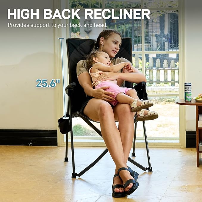 EVER ADVANCED Reclining Camping Chairs for Adult Lightweight Folding Recliner Chair with Adjustable Back 4-Level Lounge Chairs Portable Lawn Chairs for Patio Balcony Supports 350lbs Black