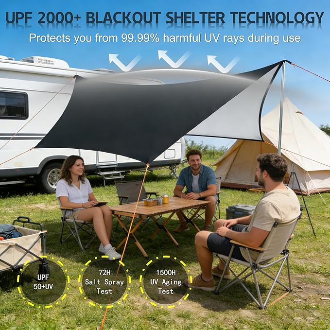 Camping Tent Tarp with Thickened Stainless Steel Bracket - PU 20000mm+ Waterproof Rain Shelter UPF2000+ Anti-UV Camping Canopy Portable Sun Shade for Camping Hiking Picnic