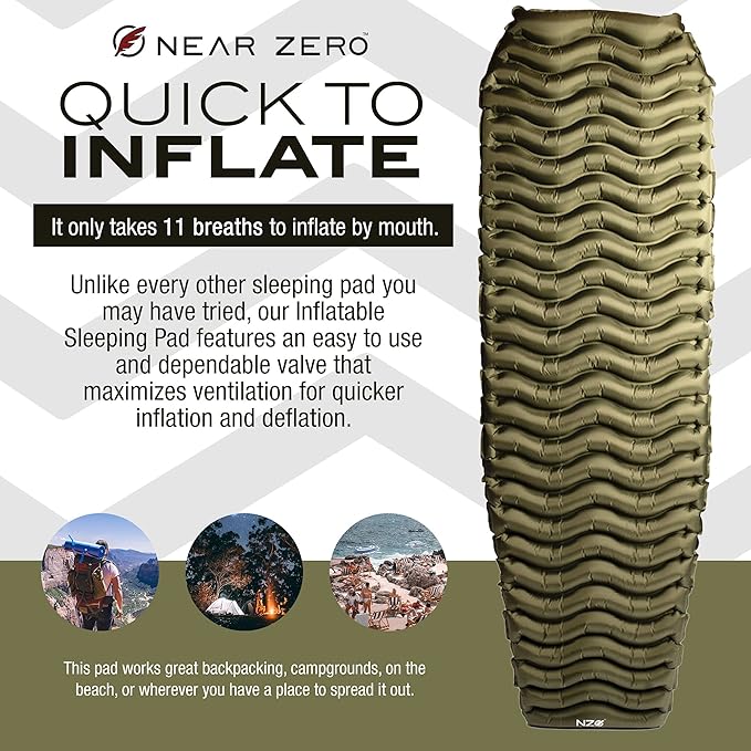 NEAR ZERO Ultralight Inflatable Sleeping Pad – Compact 14.5 oz Air Pad 2 Thick Quick Inflate with 11 Breaths Durable Rip-Resistant Nylon – Ideal for Backpacking &amp Warm Weather Green