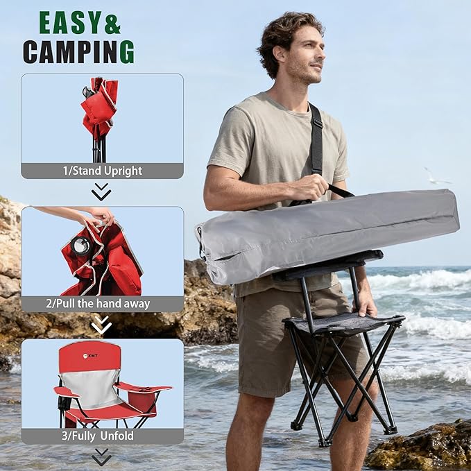 Portable Outdoor Folding Chair with Cup Holder &amp Cooler Bag - Breathable Mesh Wide Armrests Ergonomic Design for Camping Beach Backyard - Includes Storage Bag &amp Bottle Opener (Black/Green/