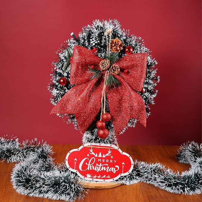 7 Pcs Christmas Lamp Post Decoration Set with Xmas Wreath Large Red Bow and 100 LEDs Solar Strip Light Outdoor Holiday Solar Post Lamp Decor for Garden Patios &ampYards