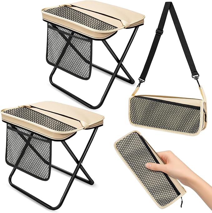 2 Pack Portable Folding Stools Collapsible Pocket Chair Foldable Camping Stool for Adults Backpack Outdoor Seats Foot Rest for Travel Hunting Fishing Hiking Gardening - Large Khaki