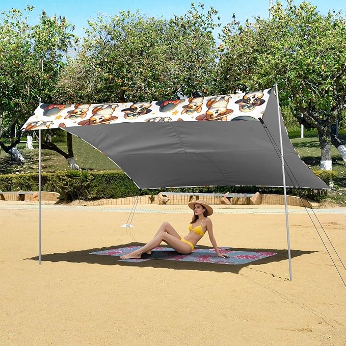 Camping Sun Shelters Cartoon Cute Corgi in Hat Beach Canopy 126 * 110.2in