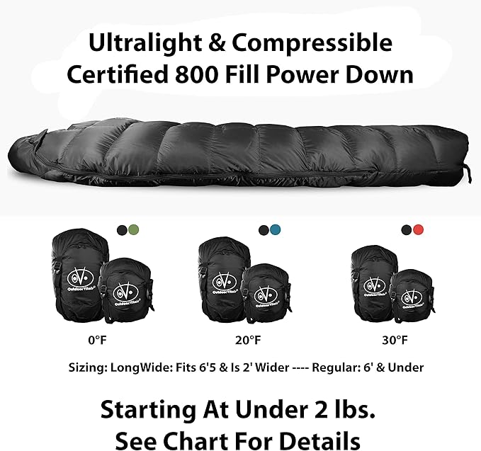 Outdoor Vitals Summit Sleeping Bag 800+ Fill Power Starting Under 2lbs Ultralight Backpacking Mummy Down Sleeping Bag for Lightweight Hiking &amp Camping