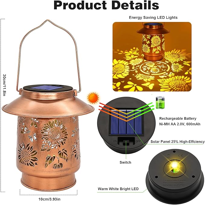 Sunflower Solar Lanterns Outdoor Waterproof Garden Decor Birthday Gifts for Women Mom GrandmaMetal Hanging Solar Lights Outside Decorative for Yard Patio Backyard Pathway Porch