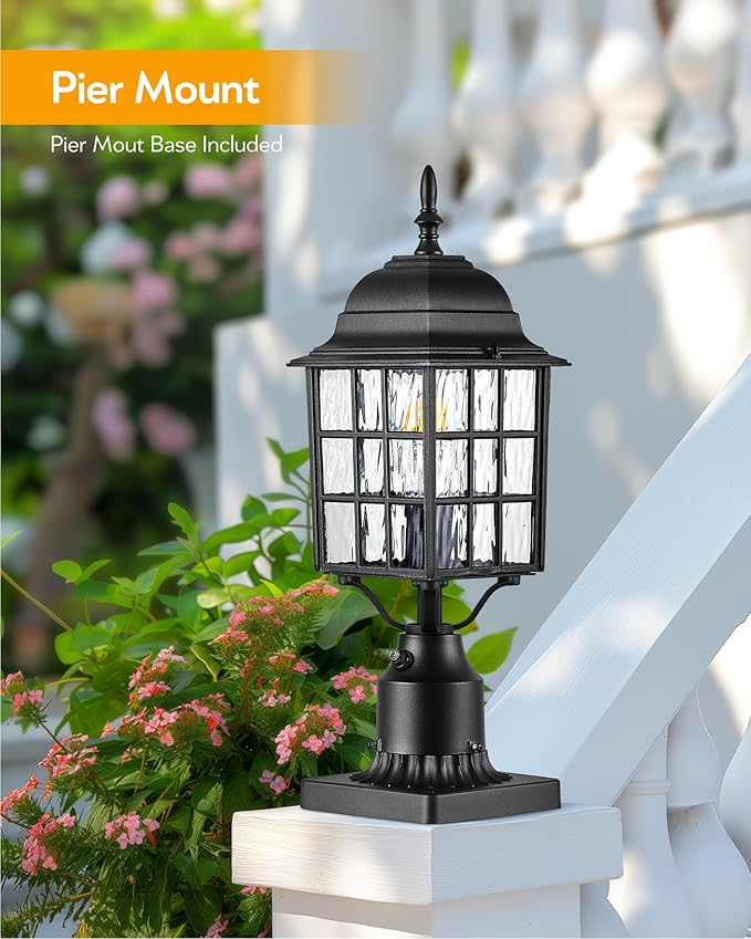 VIANIS Lamp Post Light Fixture with Mount Base Modern Black Exterior Post Lantern Fixture with Tempered Glass Anti-Rust Aluminum Light Posts for Outside for Driveway Backyard Patio Garden E26