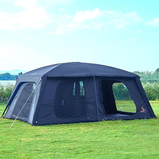 KTT Extra Large Tent 12-14 PersonFamily Cabin Tents2 RoomsStraight Wall2 Doors 4 Windows with MeshWaterproofStraight WallBig Tent for OutdoorPicnicCampingGathering(Brown)