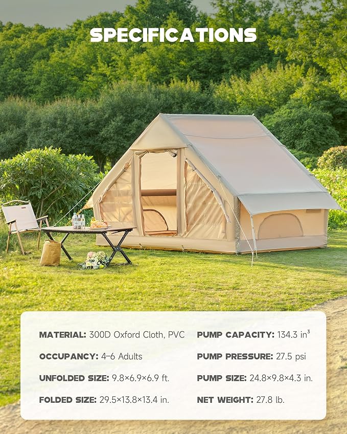 Dartmoor Inflatable Camping Tent 4-6 Person Air Glamping Tent with Pump Waterproof Blow Up Tent for Outdoor 4 Season Easy Setup Dual Doors Windows