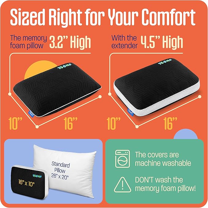 Kids Camping Pillow: Dual-Cover Memory Foam Small Pillow Medium-Firm Camp Pillow | Mini Pillow w/ 5 Layers for Comfort and Support Small Travel Pillow/Compact Pillow 10x16 Inches (Black)