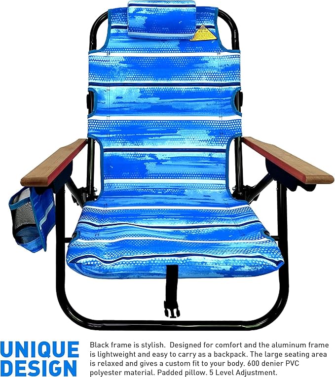 Tommy Bahama Backpack Chair-5 Positions and Cup Holder Pouch on Side-Padded Pillow-Storage Bag on Back – Lightweight Rustproof Aluminum – Black Frame 2 Pack Beach Blue