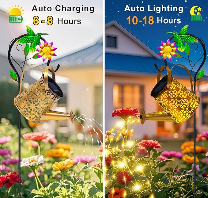 Solar Metal Watering Can with Hummingbird Shepherd Hook and Cascading Lights Outdoor Solar Lantern for Garden Yard Patio Decor and Gardening Gifts for Women Mother's Day
