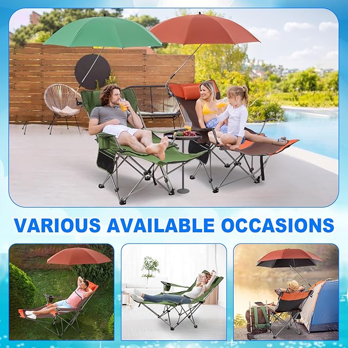 2 Set Reclining Camping Chair with Umbrella Clamp Adjustable Beach Chair with Foot Rest SPF 50+ Folding Shade Camping Lounger Recliner for Adult Outdoor(OrangeGreenOxford)
