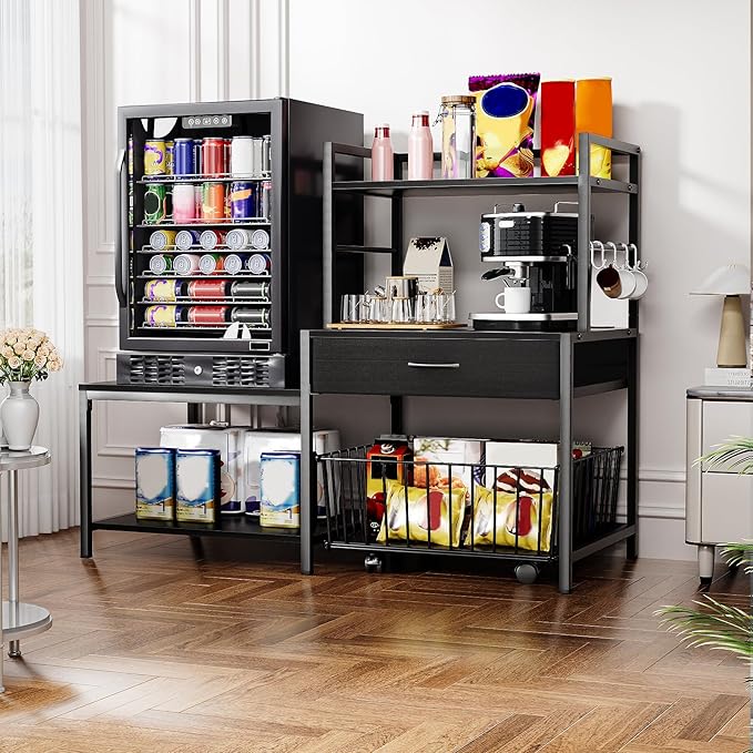 Bakers Rack with Mini Fridge Stand &amp Microwave Shelf – Coffee Bar with Drawer Rolling Basket Storage &amp Hooks – Heavy Duty Kitchen Organizer for Apartments Dorms &amp Living Rooms Black