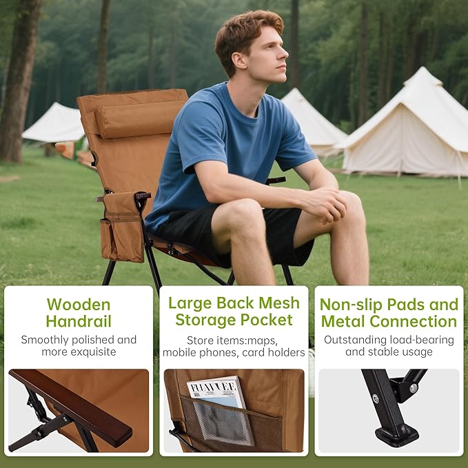 Camping Chairs for Adults-Adjustable 95°-135° Hign Back Heavy Duty Folding Lawn Chairs with Detachable Headrest Side Pocket Hold Up 300 Lbs Yellow