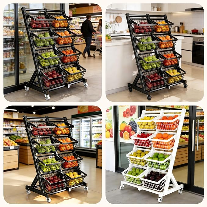 4-Tier Snack Rack Display Stand with Wheels - Adjustable Metal Storage Shelves for Fruits Vegetables &amp Snacks - Versatile Display Stand for Home Kitchen Market &amp Retail (Black)
