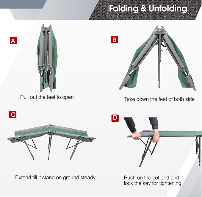 Portal Folding Camping Cot Portable Cot Bed for Adults Outdoor Bed Camp Cots for Sleeping with Carry Bag for Home Travel Office Beach Support up to 300lbs Green
