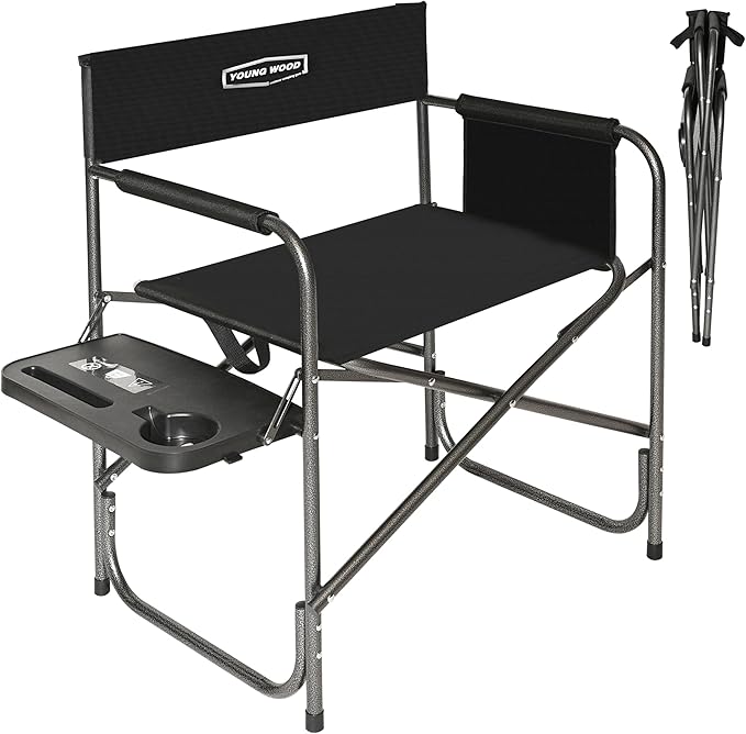 YOUNG WOOD Camping Directors Chair Lightweight Oversized Portable Folding Chair with Side Table and Storage Pockets for Outdoor Camping Lawn Picnic and Fishing Supports 400lbs (Black)