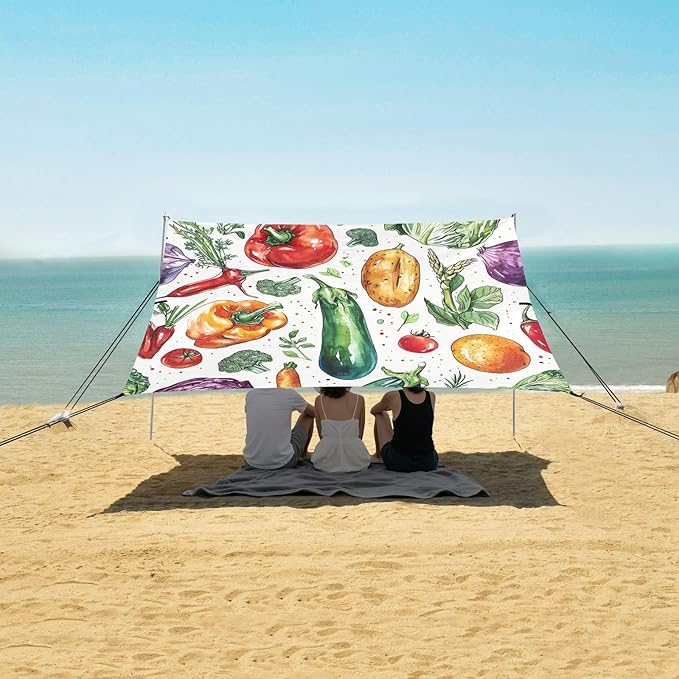 Watercolor Vegetables Beach Tent Sun Shelter 9.2' x 10.5' Beach Canopy with 4 Sandbags 4 Stability Poles Sand Shovels - Tent Canopy for Beach Camping Fishing Picnics