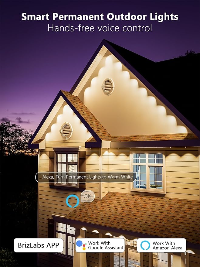BrizLabs Signature Permanent Outdoor RGBCW Lights 150ft 90 LED Smart House Lights Work with Alexa &amp Google Home WiFi Waterproof Smart Eave Light with 200+ Custom Scene-Color for Xmas Halloween H