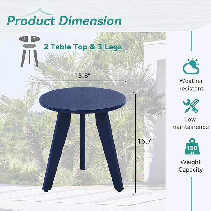 HDPS Outdoor Side Table Small Round Side Table Weather-Resistant Outdoor Side Tables for Patio Porch Deck End Table for Plant Stand Living Room Bedroom Navy