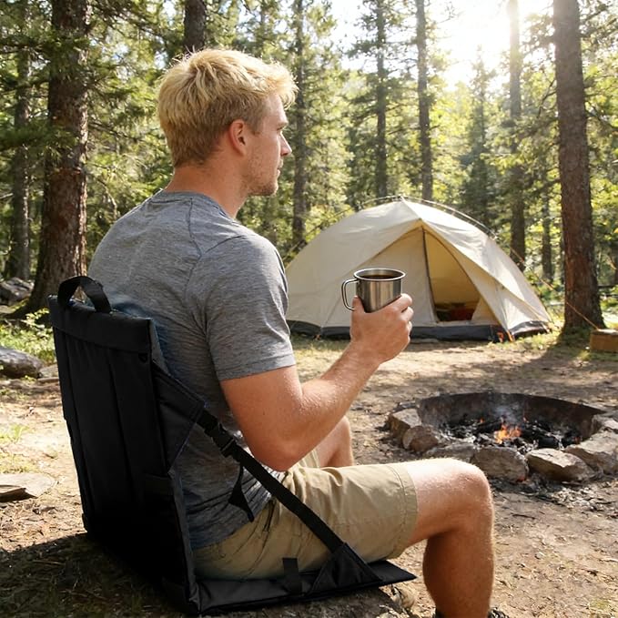Folding Stadium Seat Cushion with Backrest Portable Bleacher Pad for Camping Fishing15.8'' x 16.5''Lightweight Chair with Backrest for Outdoor Sports and Concerts (Black)