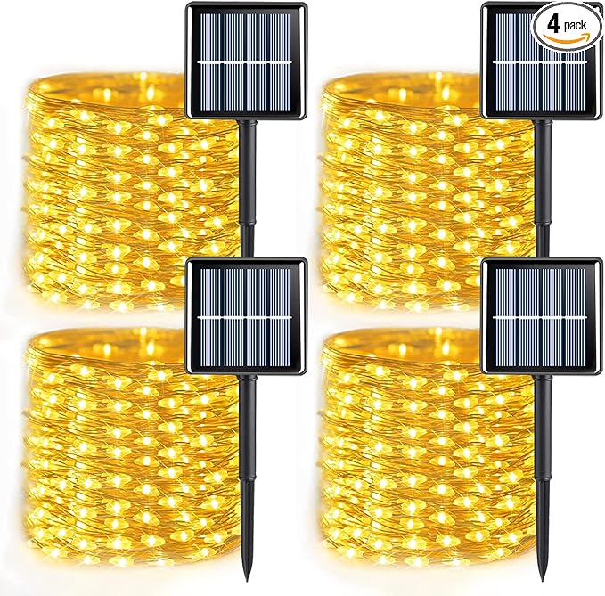 YEGUO 4 Pack Warm White Solar Fairy Lights Each 33ft 100 LED Valentines Lights Outdoor Waterproof 8 Modes Sliver Wire Solar String Lights