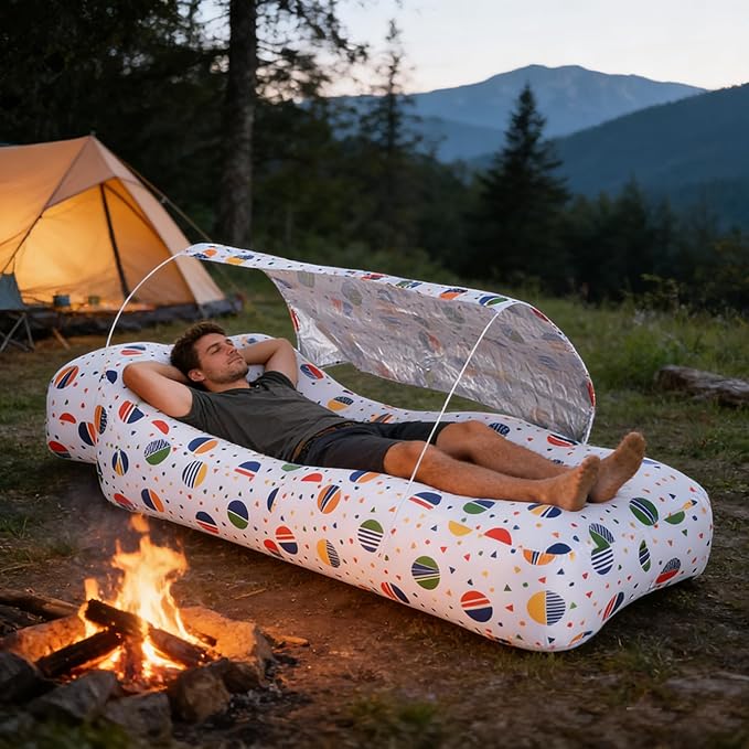 Inflatable CouchAir Sofa with Sun-Shade DesignBuilt-in StorageRipstop Polyester&ampStability PegsPortable Air Lounger for BeachCampingEasy to Carry2 Inflation Ways(Included Pump)Pebble Gray