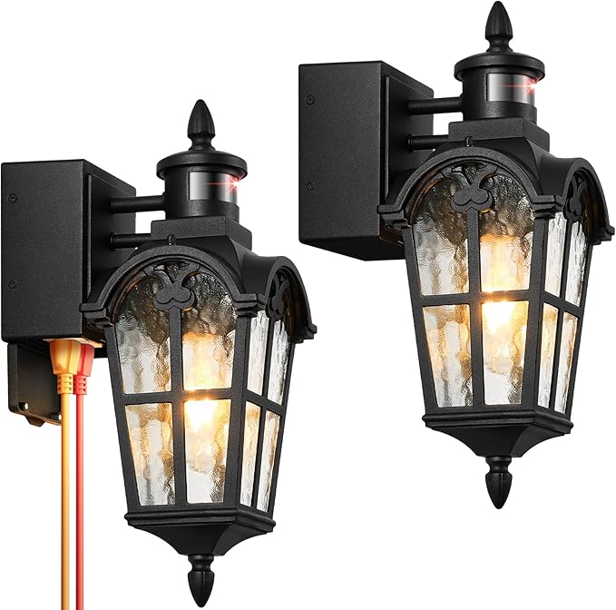 Black Outdoor Patio Lights with GFCI Outlet 2-Pack Upgraded Motion Sensor Outside Lighting with Water Ripple Glass Dawn to Dusk Outdoor Light Fixture for House Garage Garden Waterproof