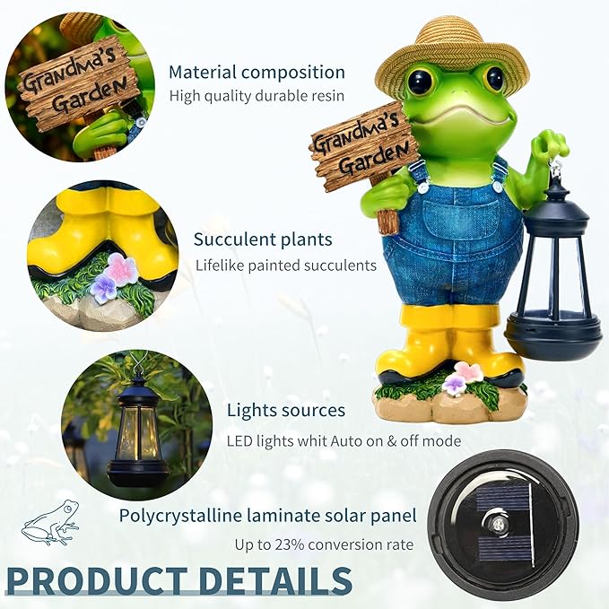 Frog Garden Statue with Solar Light Gardener Frog Decoration with Solar Lantern Light for Home Outdoor Garden Patio and Yard Decor Best Gifts for Mom/Grandma Grandma's Garden