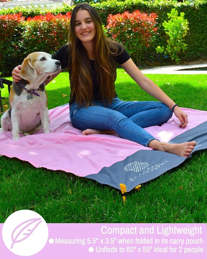 ECCOSOPHY Sand Proof Beach Blanket - Waterproof Picnic Blanket 60x55 Outdoor Compact Pocket Blanket Lightweight Ground Cover for Hiking Camping Festivals Sports Travel with Bag &amp Stakes (Pink)