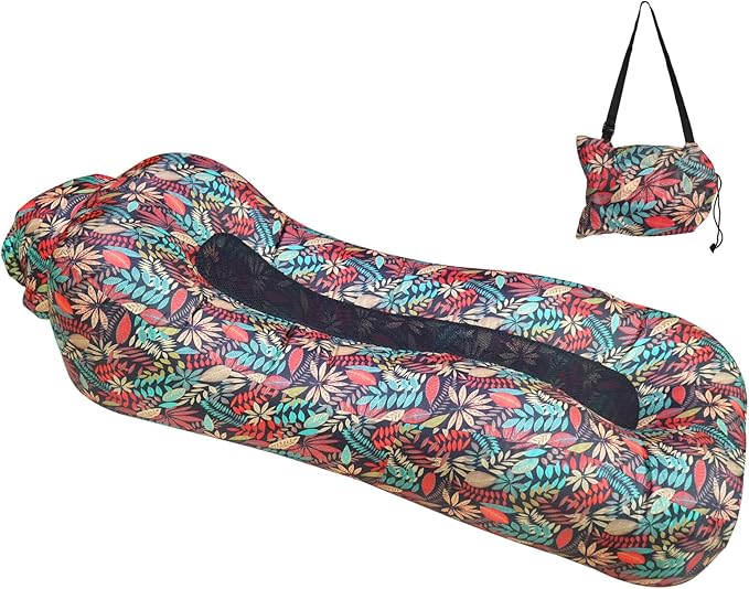 ele ELEOPTION Outdoor Inflatable Camping Couch Waterproof Portable Blow Up Air Sofa Chair Lounger for Backyard Beach Traveling Camping with Compression Sacks (Red Leaf Print)