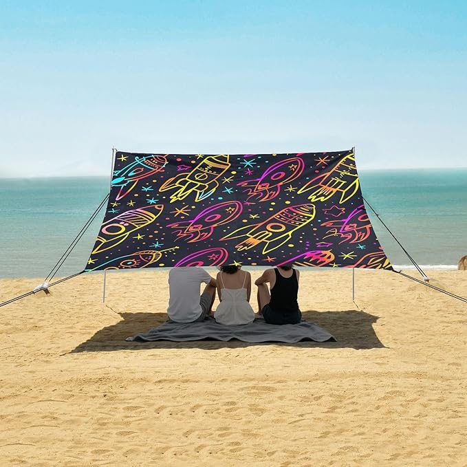 Neon Rocket Star Doodle Camping Sun Shelter Beach Tent Portable Beach Sun Shade Outdoor Canopy for Camping Trips Fishing Picnic