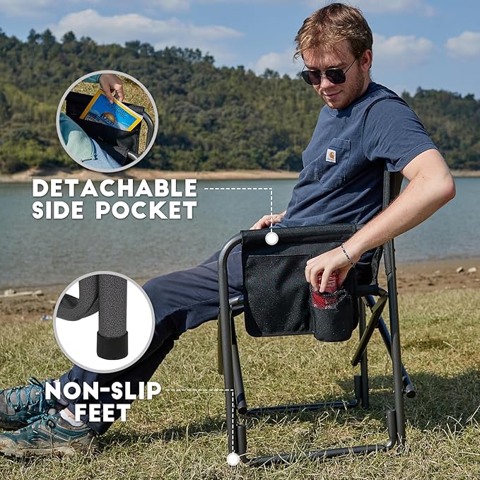 TIMBER RIDGE Aluminum Oversized Camping Chair Lightweight Portable Directors Chair with Side Table Detachable Side Pocket for Outdoor Camping Lawn Picnic Support 400lbs Black