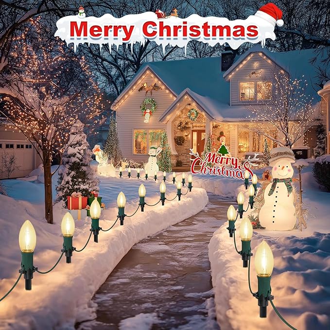 USOKYO 30Ft C9 Led 20 Bulbs Christmas Pathway Lights Outdoor Warm White Led Bulbs Waterproof Connectable Christmas Walkway Lights with Stakes for Yard Lawn Sidewalk Driveway Christmas Decorations