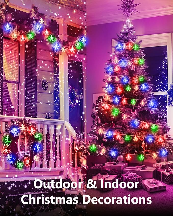 Brightown Solar Christmas Snowflake String Lights 72FT 200 LED Outdoor Waterproof Fairy Lights with 8 Lighting Modes for Wedding Party Tree Room Garden Patio Yard Home Muliticolor