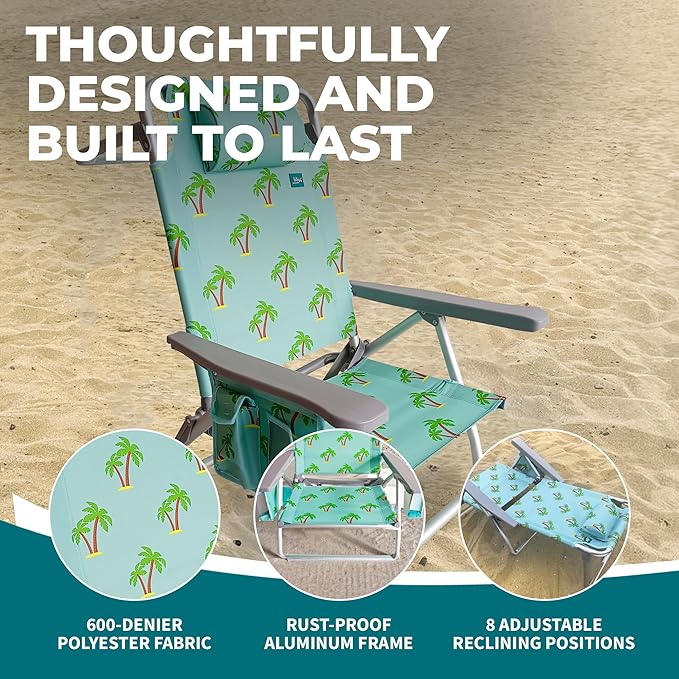 Bliss Hammocks BBC-352-PT Folding Beach Chair w/Towel Rack Cup Holder w/Pocket 275 Lb. Weight Capacity Palm Tree