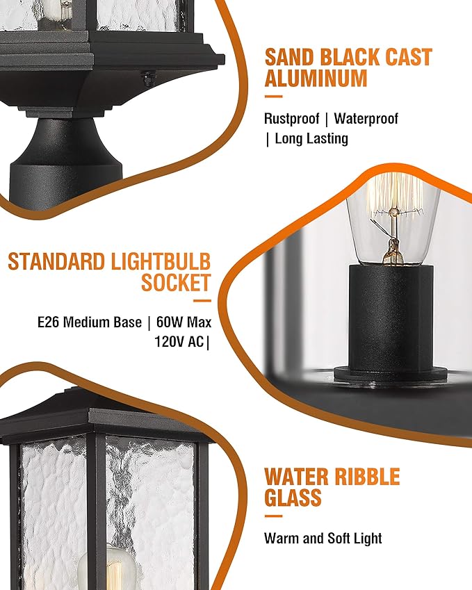 Beionxii Dusk to Dawn Outdoor Post Lights 21inch Large Exterior Lamp Post Light Pier Mount Lantern with Base Black Cast Aluminum w/Water Glass - A272P-2PK (NOT Solar 110-120V AC)