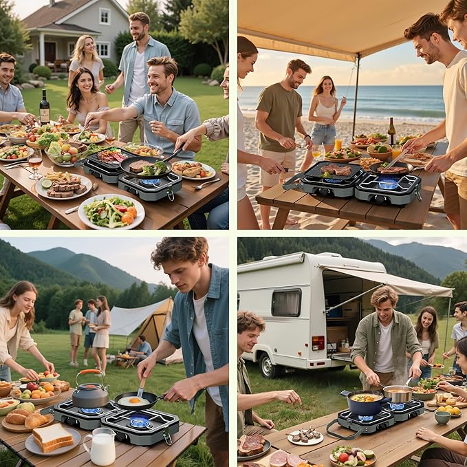 Camping Stove Portable Propane Camp Stove with Independently Adjustable Heat &amp 2 Burners Foldable Gas Stove with Carry Bag for Outdoor CookingTailgating &amp Backyard Gathering（Gray）