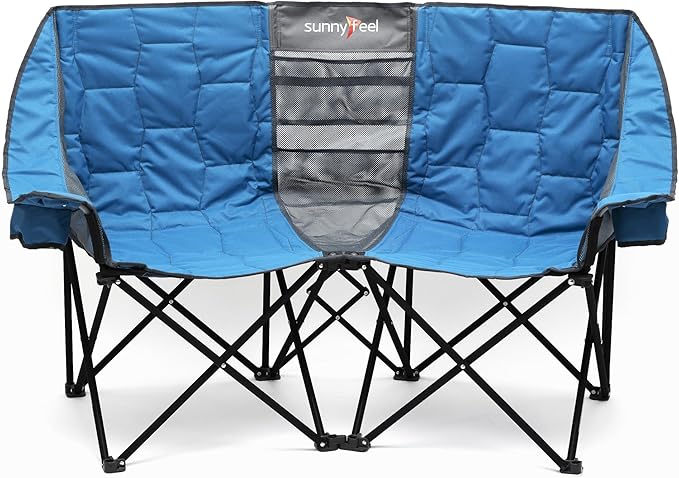 SUNNYFEEL Folding Double Camping Chair Oversized Loveseat Chair Heavy Duty Portable/Foldable Lawn Chair with Storage for Outside/Outdoor/Travel/Picnic Fold Up Camp Chairs for Adults 2 People