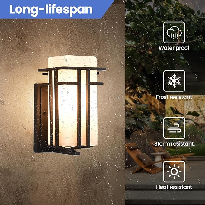 Outdoor Wall Sconce Waterproof Exterior Lights Wall Mount Anit-Rust Outdoor Wall Lantern with Rectangle White Glass Modren Black Exterior Wall Light for Front Door Patio Garage Entryway